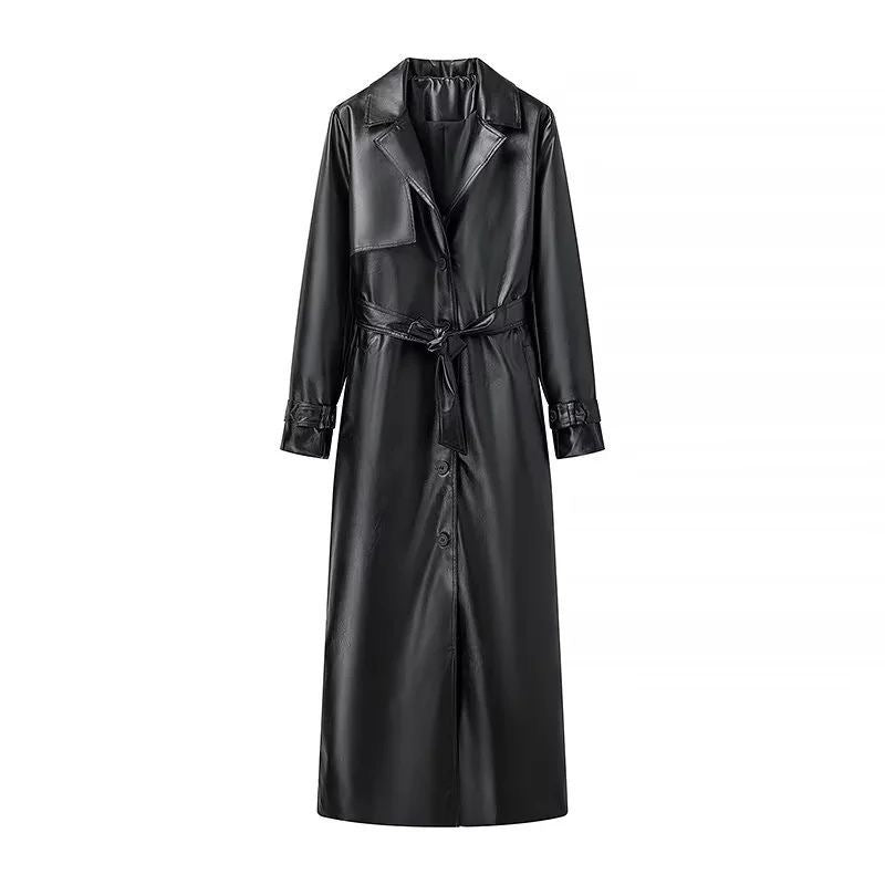 Damen nan langer taillierter Kunstleder-Mantel mit Reverskragen und Bindegürtel Drune