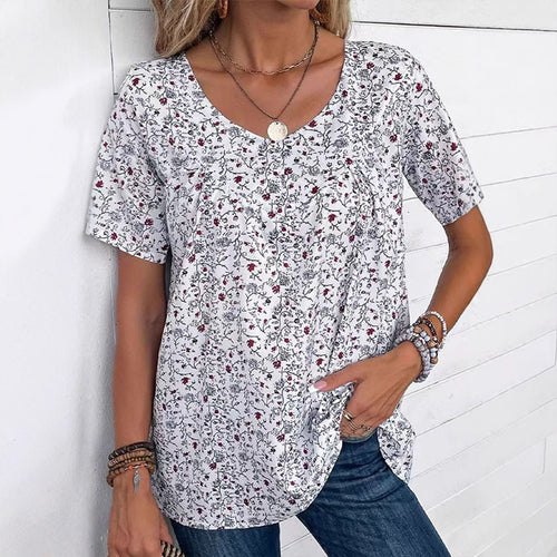 Damen nan locker geschnittene Kurzarmbluse mit V-Ausschnitt, feinem Blumenprint und Kellerfalte Drune