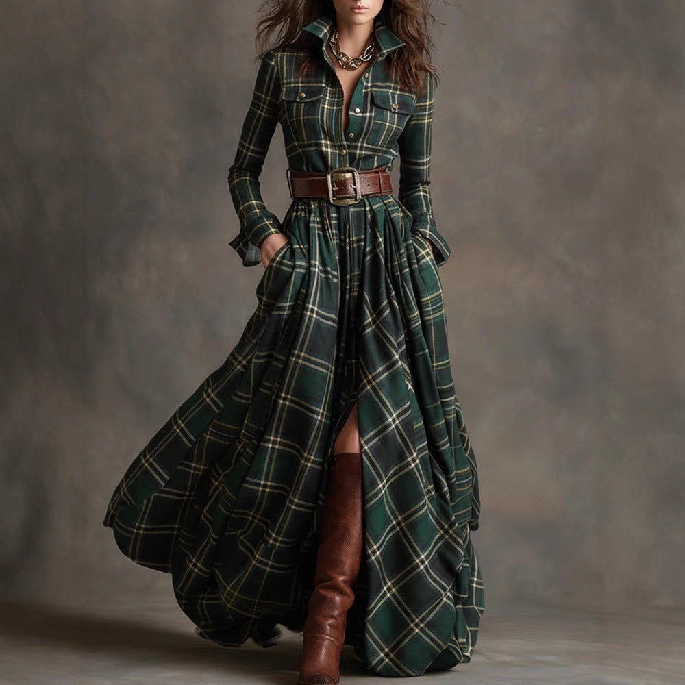 Damen nan karierte Maxikleid Hemdblusenkleid mit ausgestelltem Rock und breitem Taillengürtel Drune