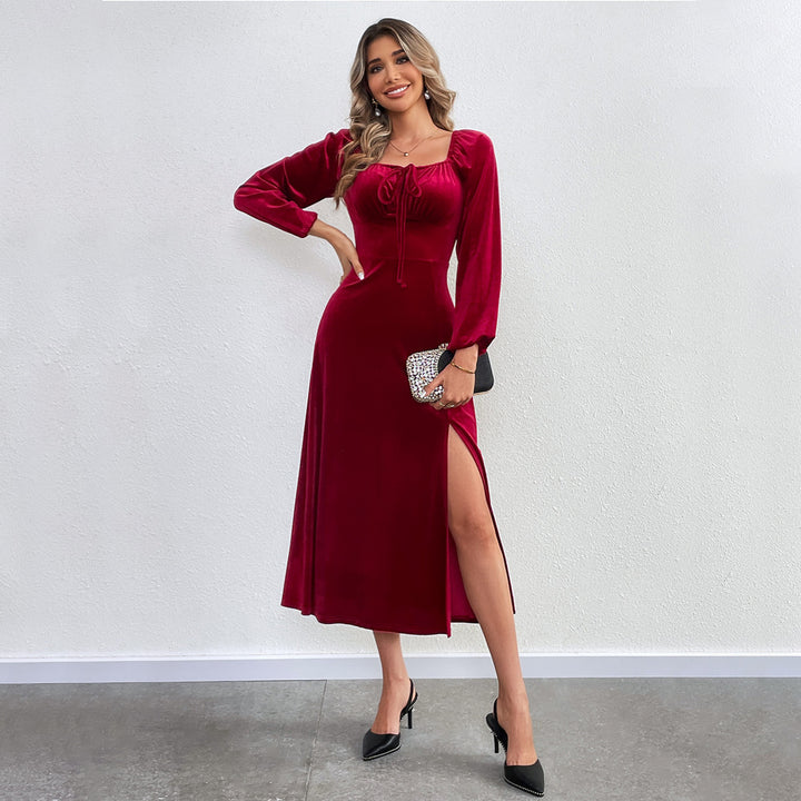 Damen elegantes Samt-Midikleid mit Binddetail am Bustier, taillierter Schnitt und seitlichem Oberschenkelschlitz Drune