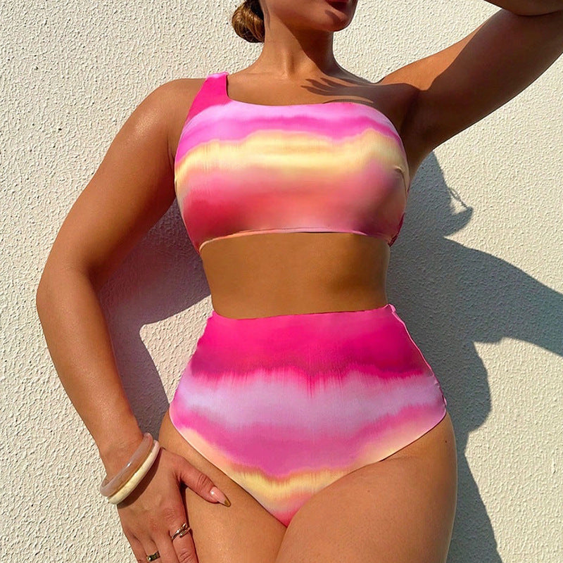 Damen Hoch tailliertes Bikini-Set mit asymmetrischem Oberteil und farbenfrohem Design Drune
