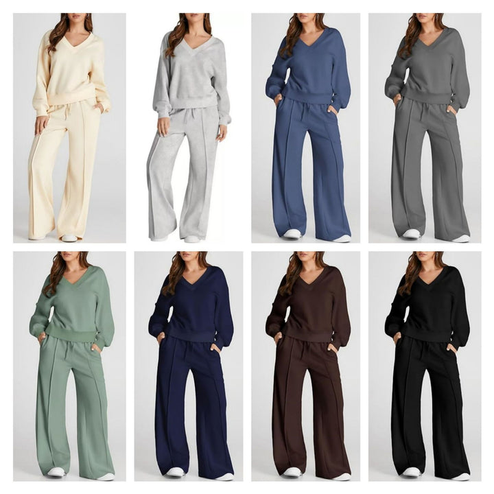 Damen Lässiges V-Ausschnitt Freizeit-Set mit weiter Jogginghose Drune