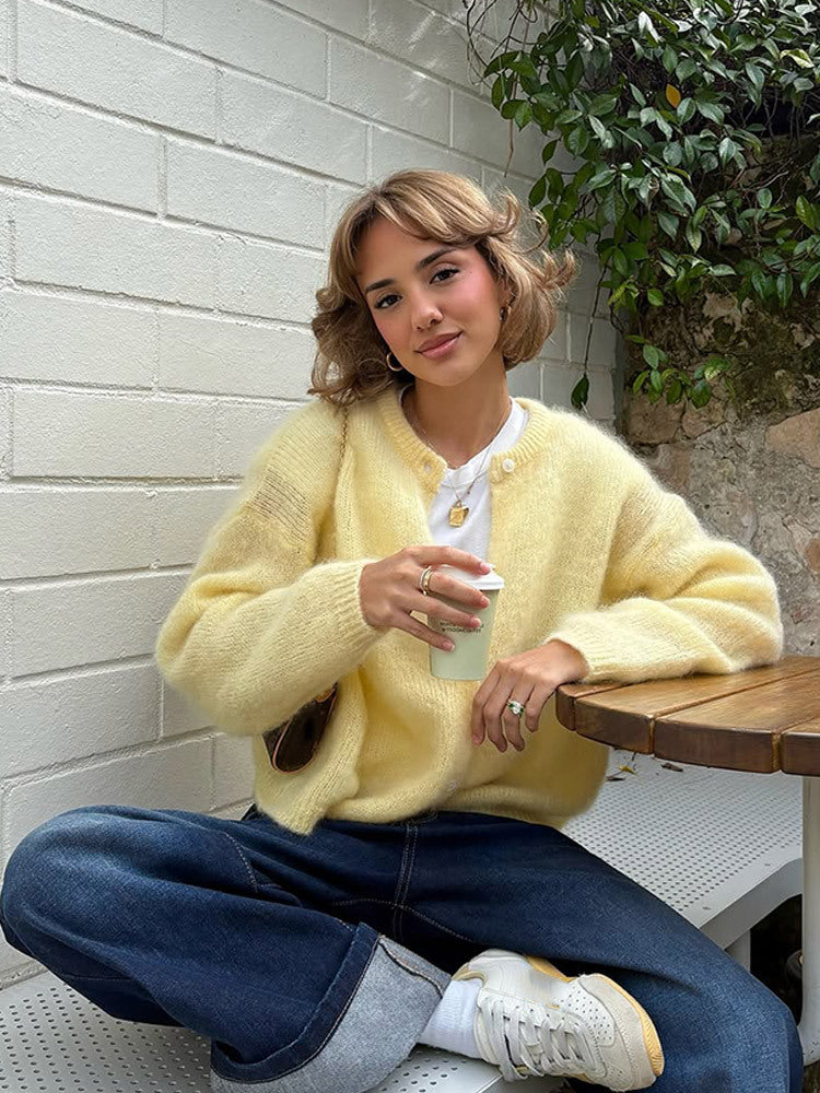 Damen weicher Strickcardigan mit großen Puffärmeln Drune