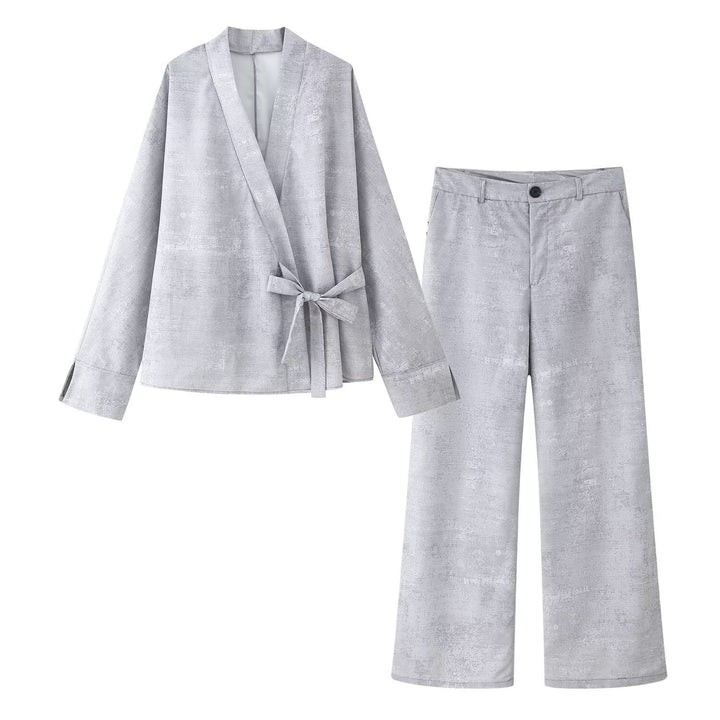Damen elegantes Wickeloberteil und breite Hose Set Drune