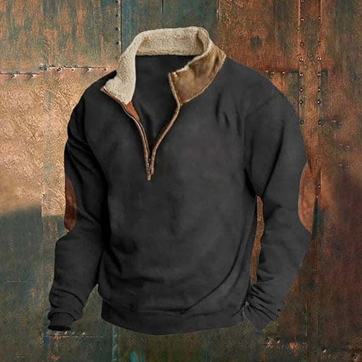 Herren nan Fleece-Halbzippullover mit Sherpa-Kragen und Ellenbogenpatches Drune