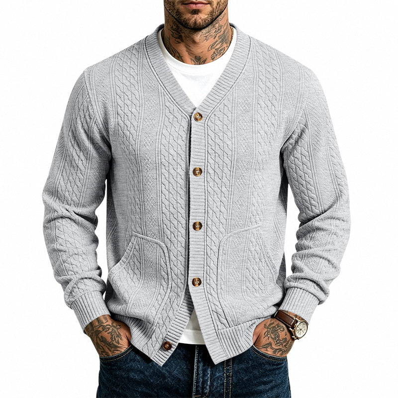 Herren Strukturierter Strickcardigan mit V-Ausschnitt und Zopfmuster Drune