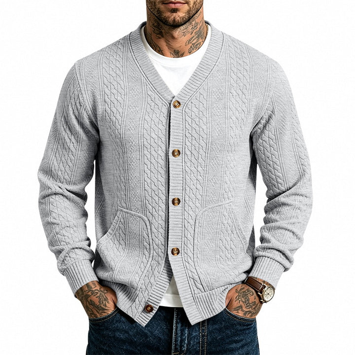 Herren Strukturierter Strickcardigan mit V-Ausschnitt und Zopfmuster Drune