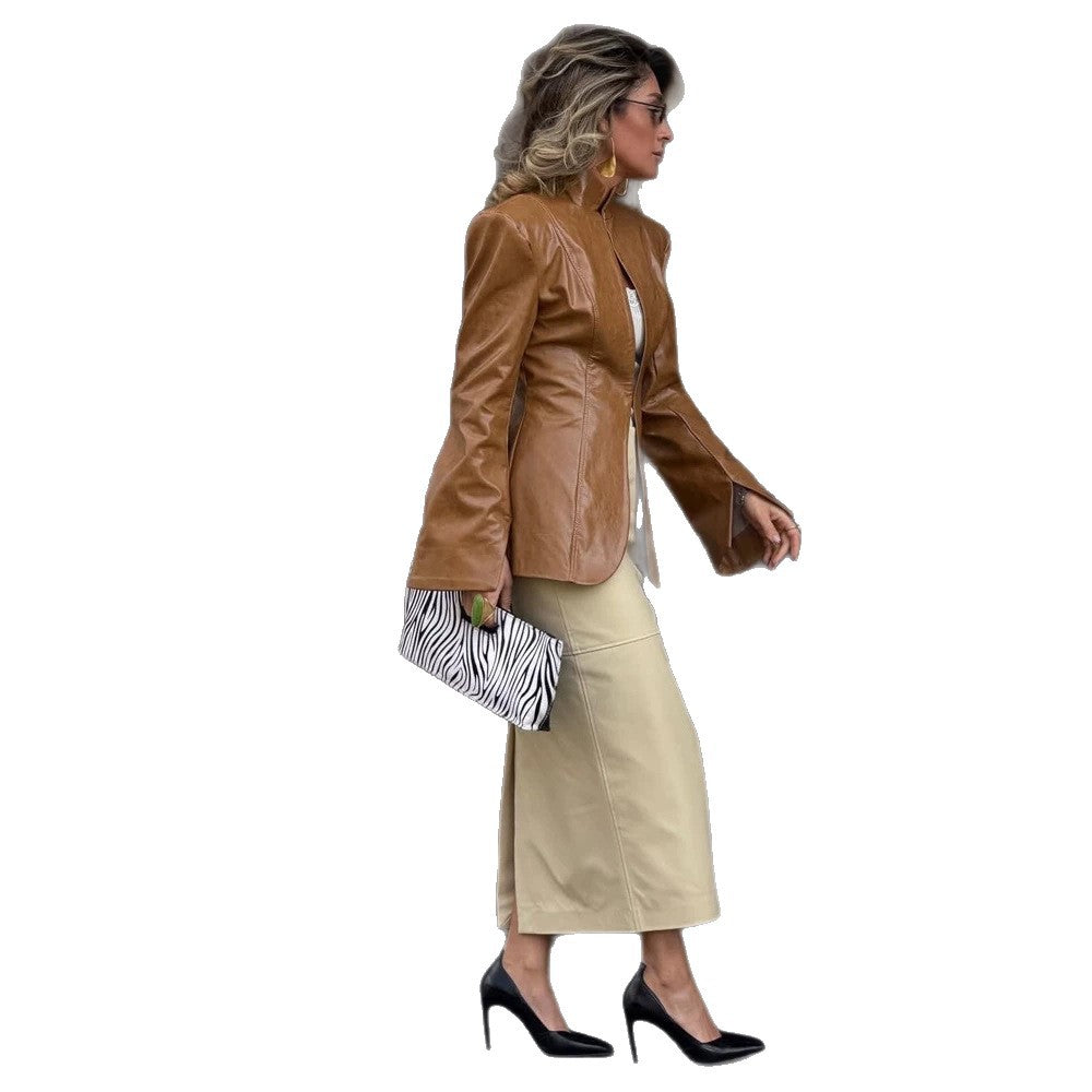 Damen Figurbetonter Lederimitat-Blazer mit Stehkragen & verlängerten Manschetten Drune