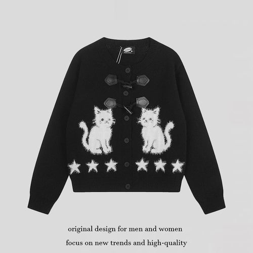 Damen Strickjacke mit Katzen-Jacquard, Zierknebelverschluss und Sternbordüre Drune