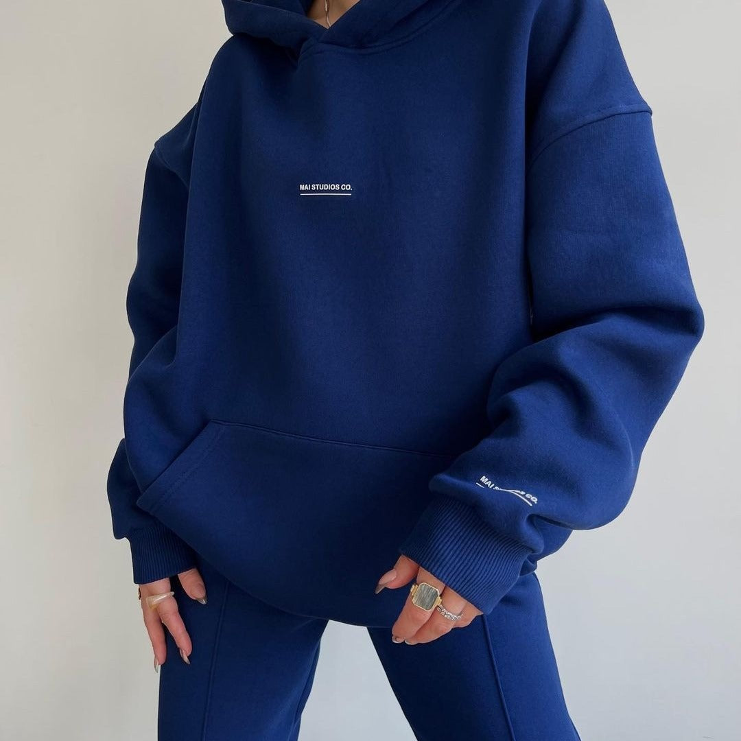 Damen Set Schwere French‑Terry Oversize‑Kapuzenpullover mit Kängurutasche und Slim‑Jogginghose Drune