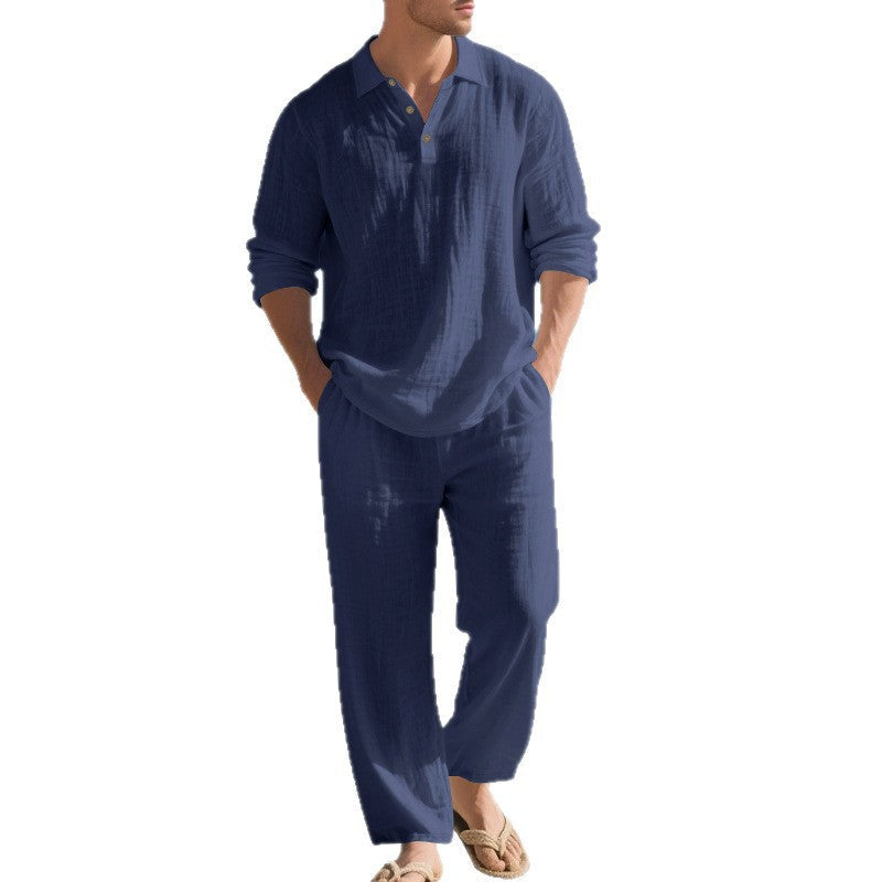 Herren nan leichtes Leinen-Ensemble mit Polokragen und elastischer Bundhose Drune