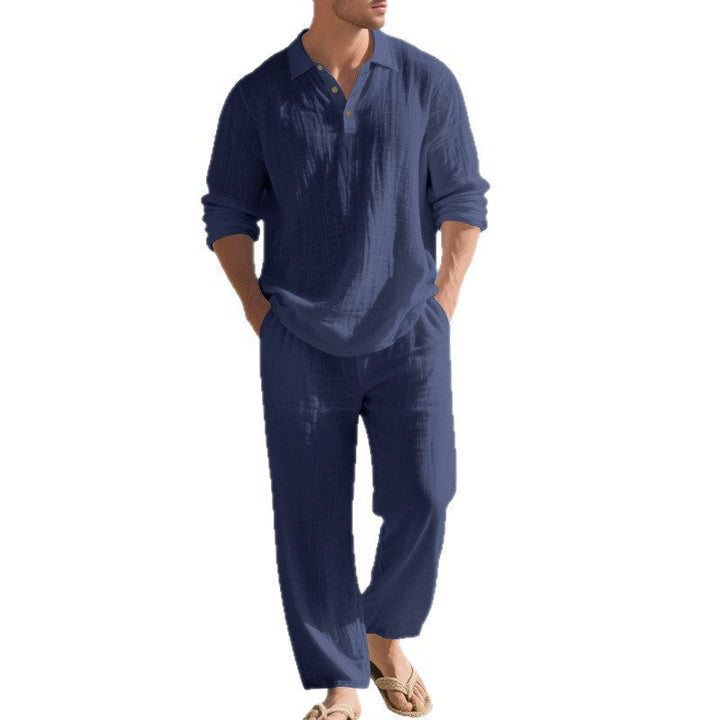 Herren nan leichtes Leinen-Ensemble mit Polokragen und elastischer Bundhose Drune