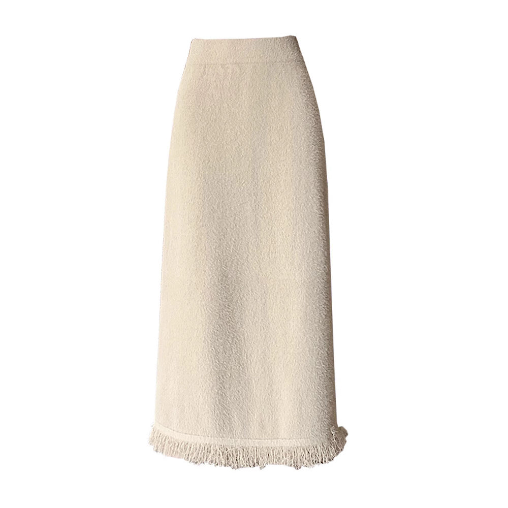 Damen Eleganter Strickmaxirock mit Fransendetails Drune