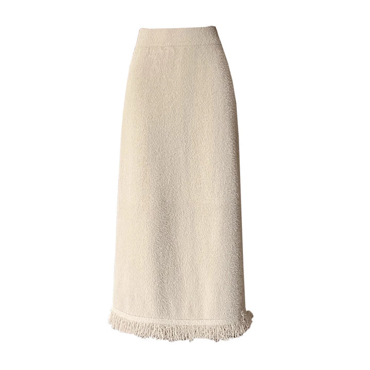 Damen Eleganter Strickmaxirock mit Fransendetails Drune