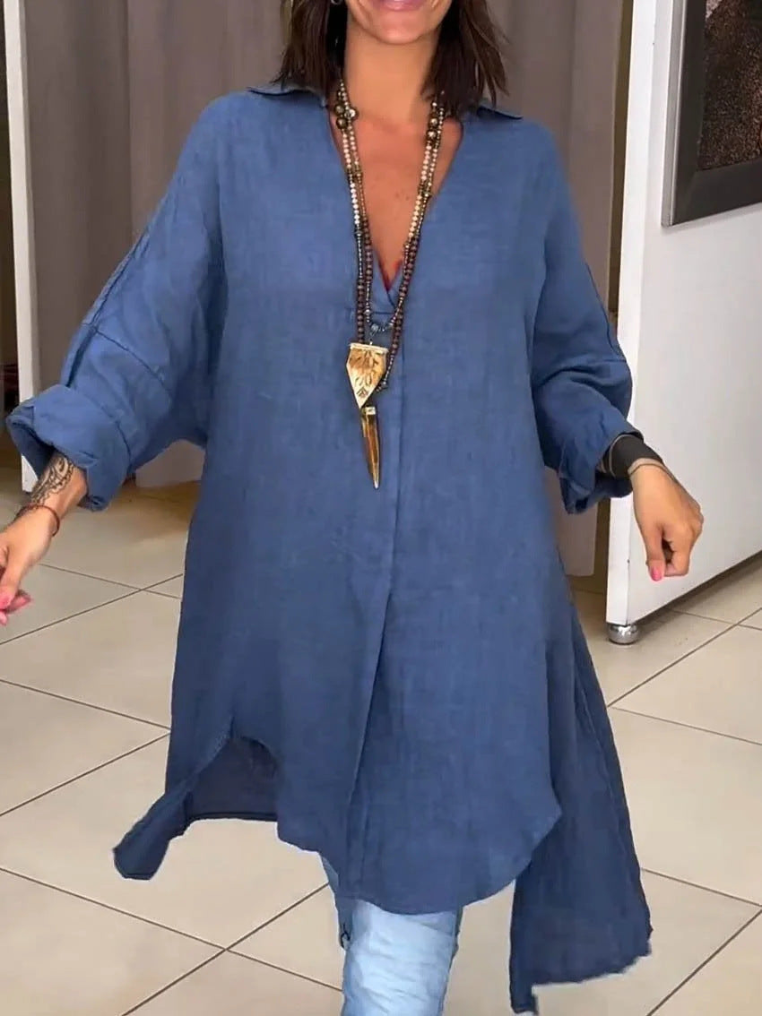 Damen Lässige Leinenbluse mit durchgehender Knopfleiste und umschlagbaren Ärmeln Drune