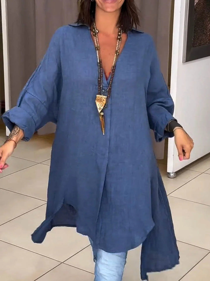 Damen Lässige Leinenbluse mit durchgehender Knopfleiste und umschlagbaren Ärmeln Drune