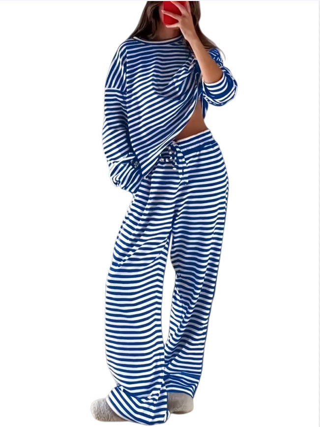Damen Gestreiftes Lounge-Set aus weichem Baumwoll-Mix mit weitem Bein Drune