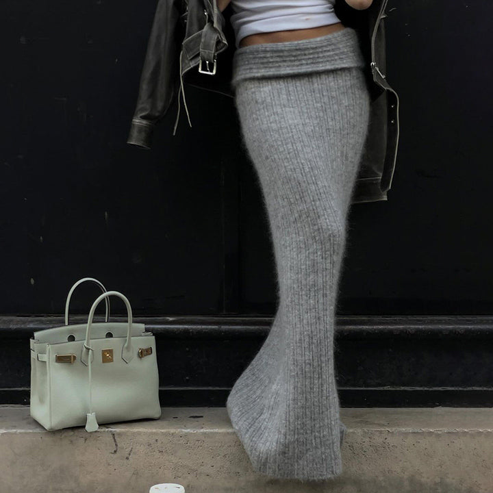 Damen nan hochtaillierter gerippter Maxi-Strickrock mit Twist-Taillenbund und figurumspielender A-Linie Drune