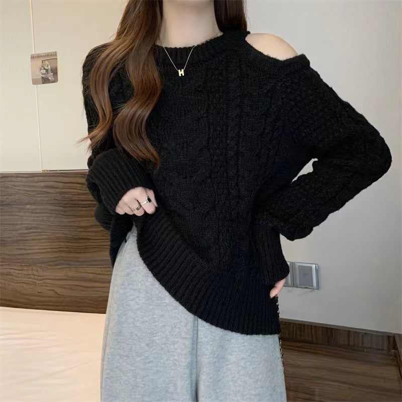 Damen Grobstrickpullover mit asymmetrischem Schulterdesign und Zopfmuster Drune