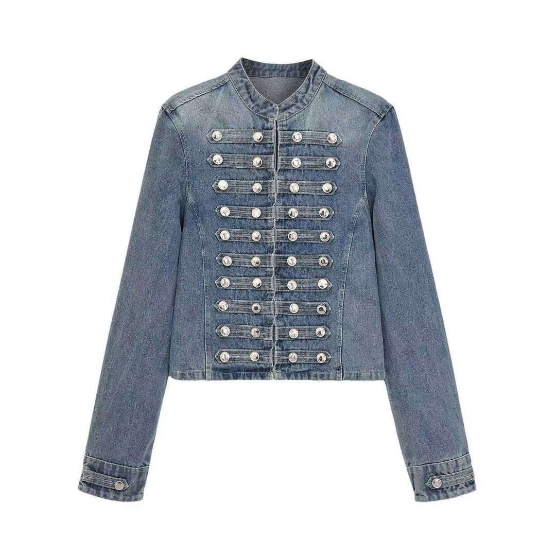 Damen Jeansjacke im Military‑Stil mit Reihenknöpfen und Stehkragen Drune