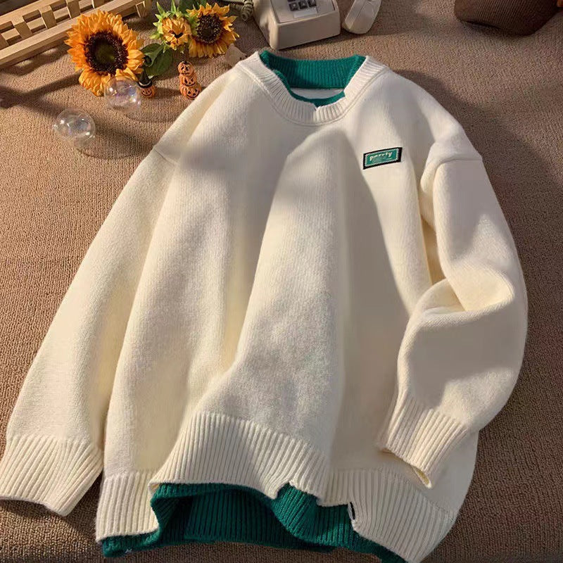 Unisex Oversized Lagenlook-Strickpullover mit kontrastiertem Innenkragen und geripptem Saum Drune
