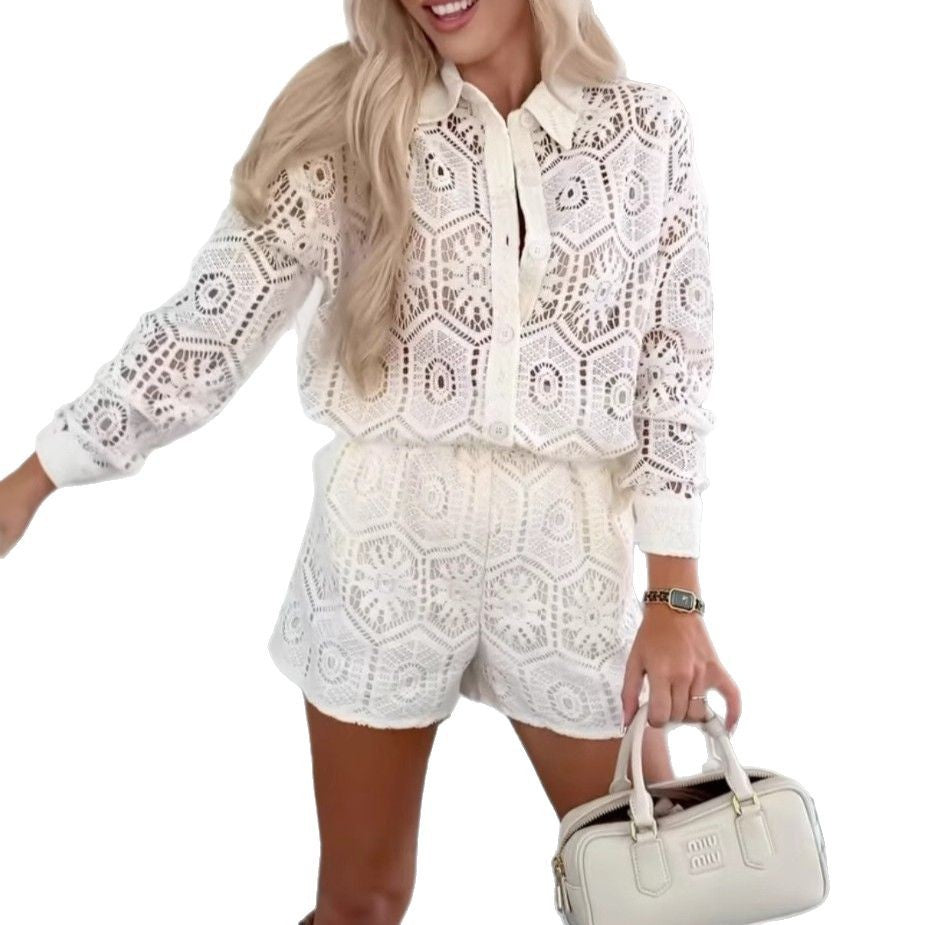Damen nan gehäkeltes Ajour-Blusen- und Shorts-Set mit Hemdkragen und elastischem Taillenbund Drune