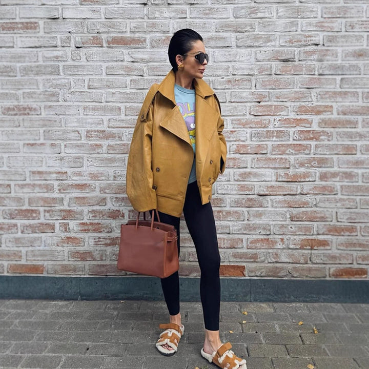 Damen Oversized Kunstlederjacke mit doppelter Knopfleiste und modischem Schnitt Drune