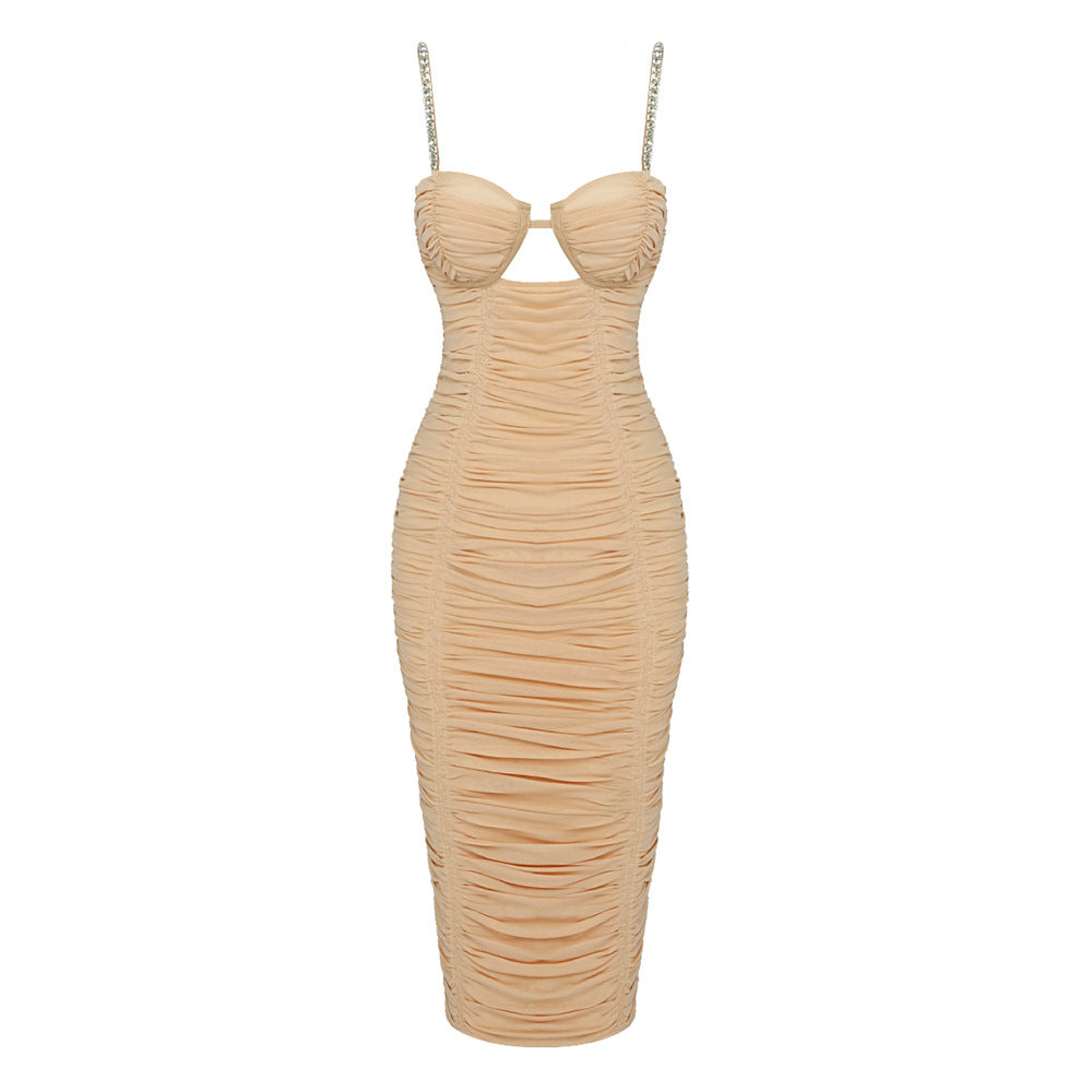 Damen figurbetontes Wickelkleid mit Raffungen und funkelnden Trägern Drune