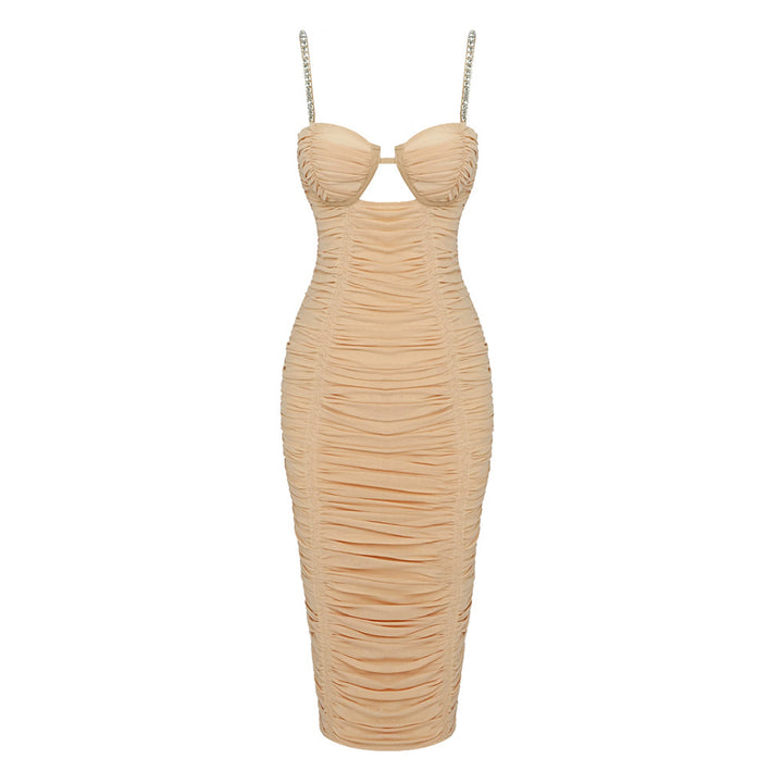 Damen figurbetontes Wickelkleid mit Raffungen und funkelnden Trägern Drune