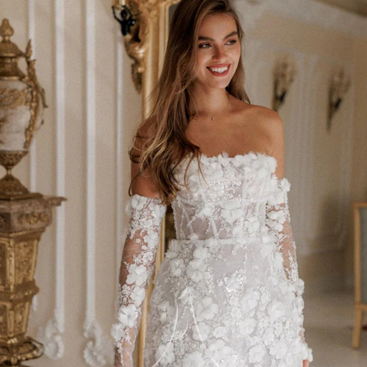 Damen Elegantes Hochzeitskleid mit floralen Details und transparenten Einsätzen Drune