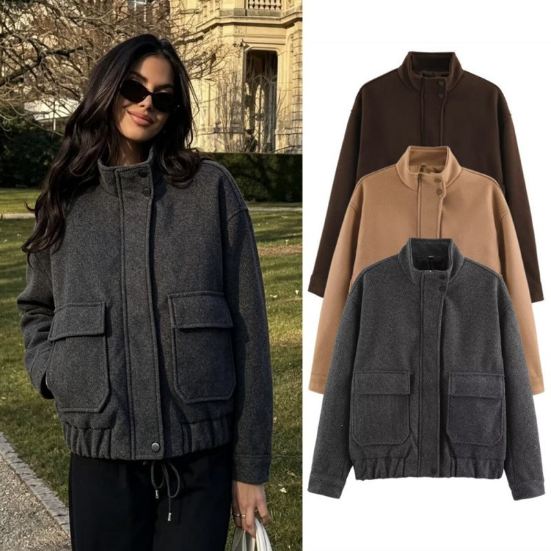 Damen Boxy-Wollblouson mit Stehkragen, großen Klappentaschen und elastischem Saum Drune