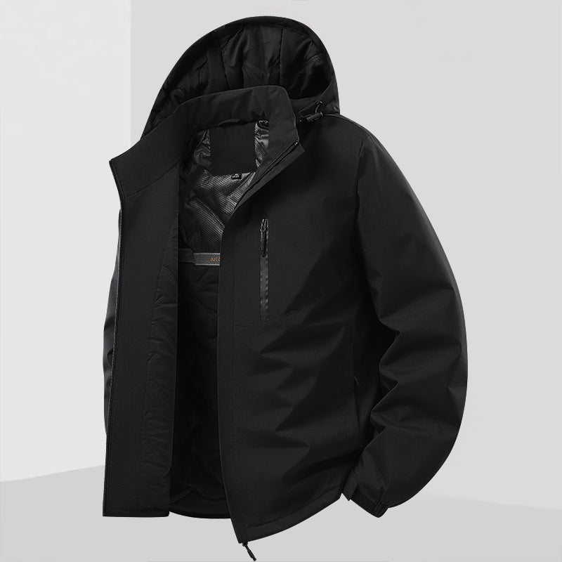 Herren Leichte isolierte Hybrid-Outdoorjacke mit Thermofutter, Kapuze und wasserdichten Reißverschlüssen Drune