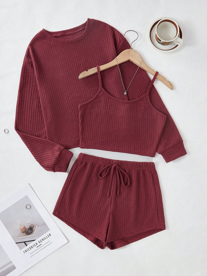 Damen Dreiteiliges Waffelstrick‑Lounge‑Set mit Cropped‑Pullover, Spaghettiträger‑Top und hochtaillierten Shorts Drune