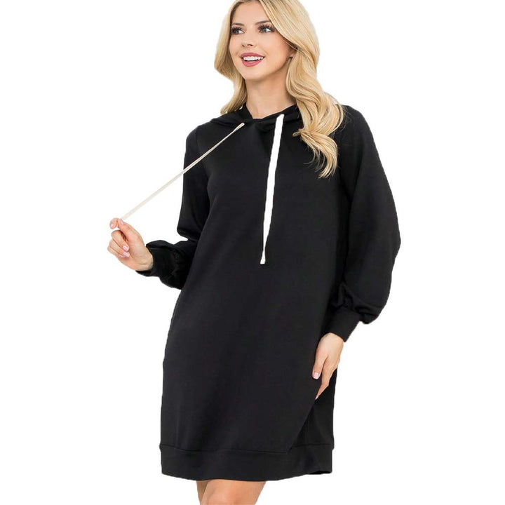 Damen Kapuzen‑Sweatkleid mit Ballonärmeln, Kordelzug und lässiger Oversize‑Passform Drune