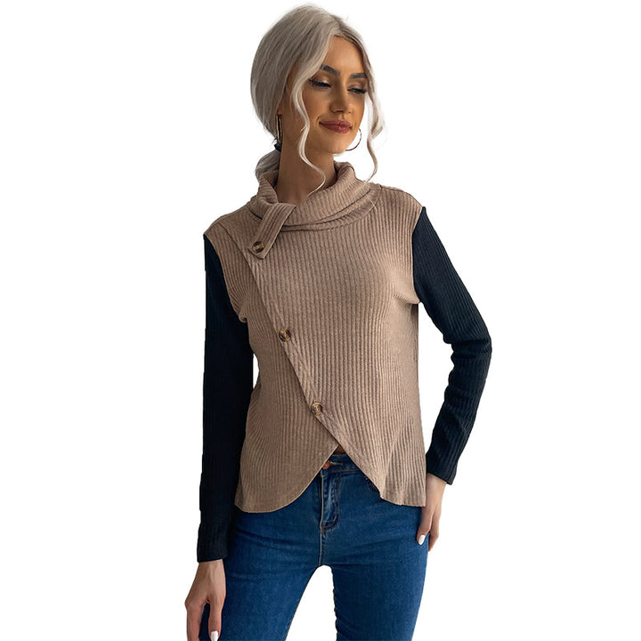 Damen Asymmetrisches Rippenstrick-Layering-Top mit Rollkragen und Zierknopfleiste Drune