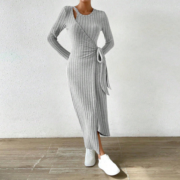 Damen geripptes Midikleid mit Wickeloptik, Taillenbindegürtel, One-Shoulder Cutout und seitlichem Beinschlitz Drune