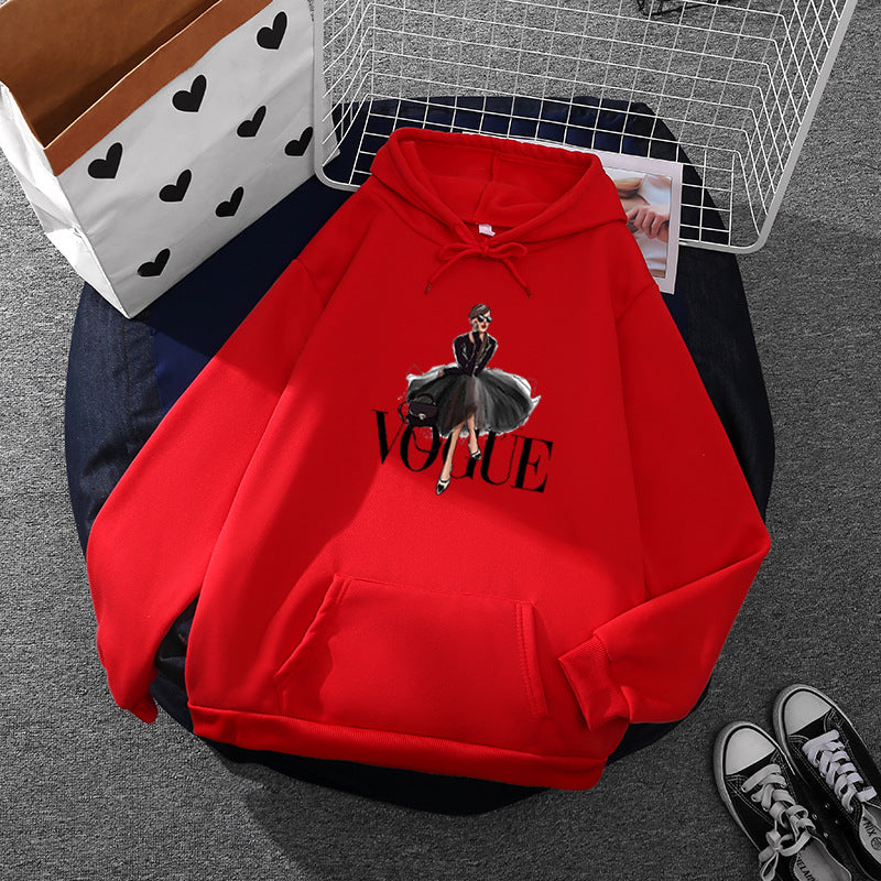 Damen nan modischer Kapuzenpullover mit Fashion-Illustration, geräumiger Eingrifftasche und kuscheligem Fleece Drune