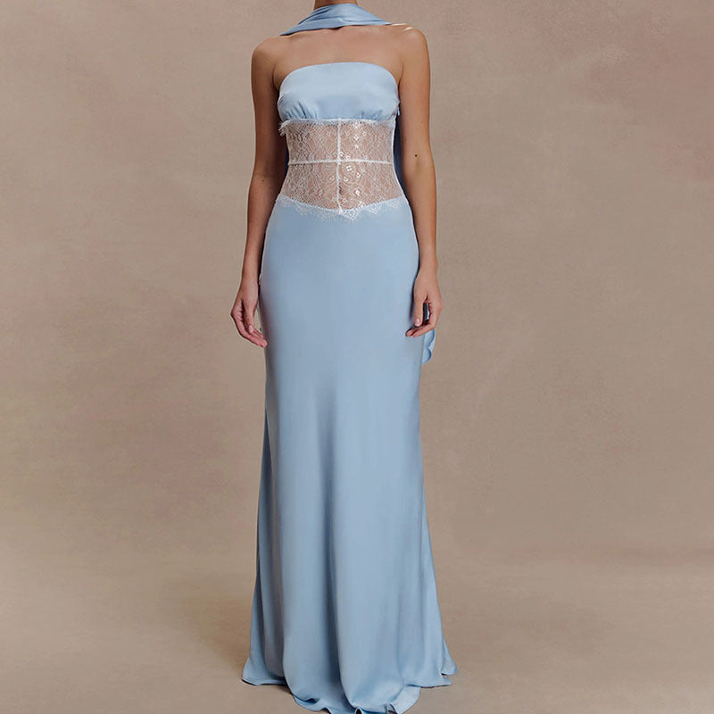 Damen Hochwertiges Abendkleid mit floralem Spitzenoberteil Drune