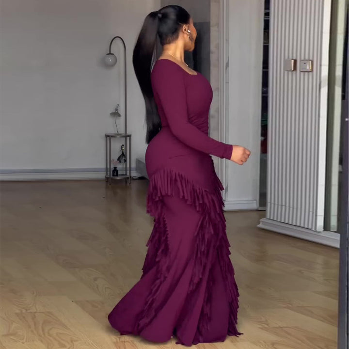 Damen Langarm Maxikleid mit voluminösen Fransen und figurbetontem Schnitt Drune