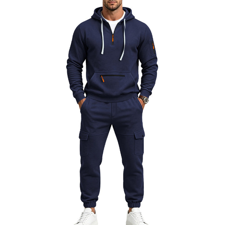 Herren Zweiteiliges Fleece-Loungewear-Set mit Halbzip-Kapuze und Cargo-Jogger Drune