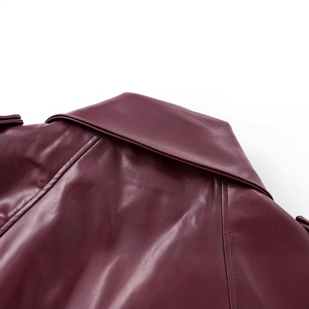 Damen Kurzer Trench-Mantel mit Taillengürtel und Schulterklappen aus veganem Leder Drune