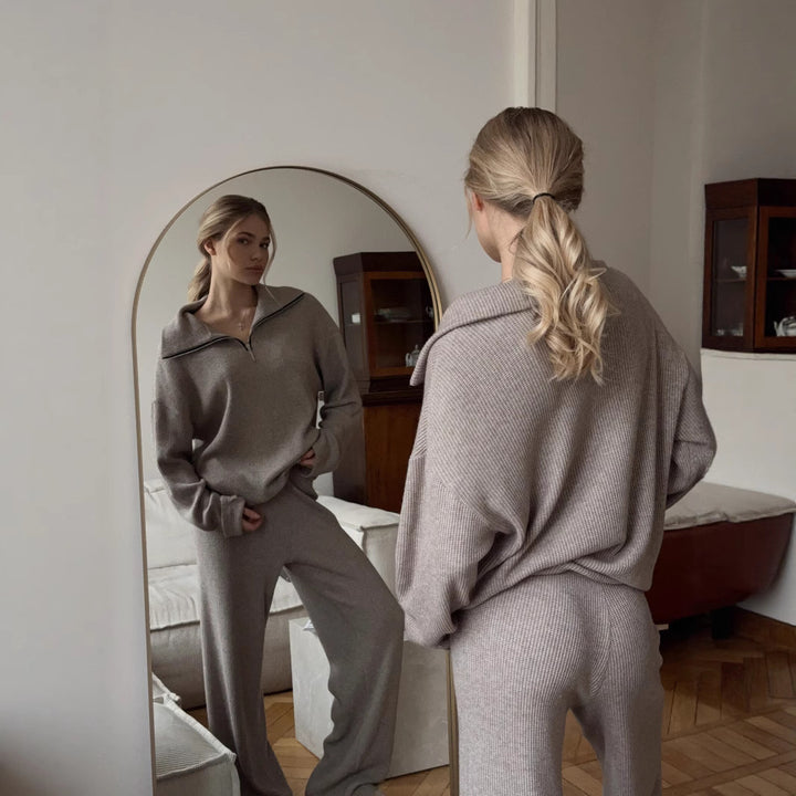 Damen Oversize Strick-Lounge-Set mit halbem Reißverschluss und weitem Bein Drune