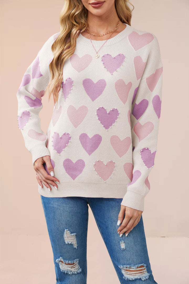 Damen Strickpullover mit Herzmuster und Perlendetails Drune