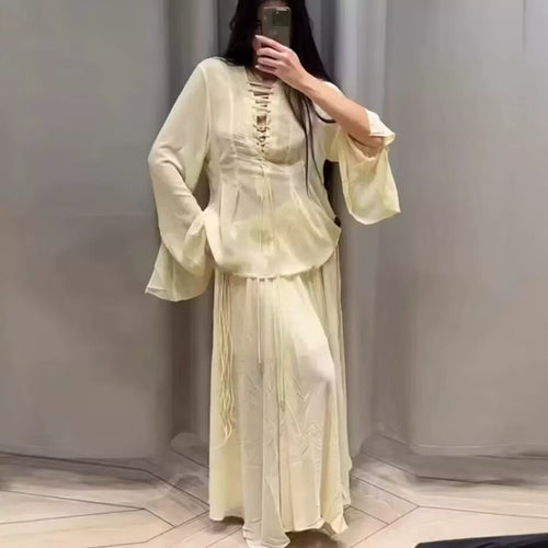 Damen Bluse mit elegantem Schnürdetail und weiten Ärmeln Drune