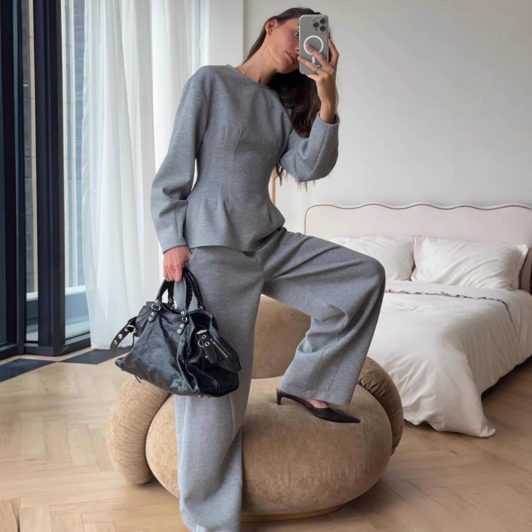 Damen Tailliertes Peplum-Oberteil mit Wiener Nähten und weitem Lounge-Hosen-Set Drune