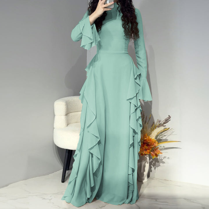 Damen nan Maxikleid mit Volantbesatz, taillierter Empire‑Silhouette und langen Glockenärmeln Drune