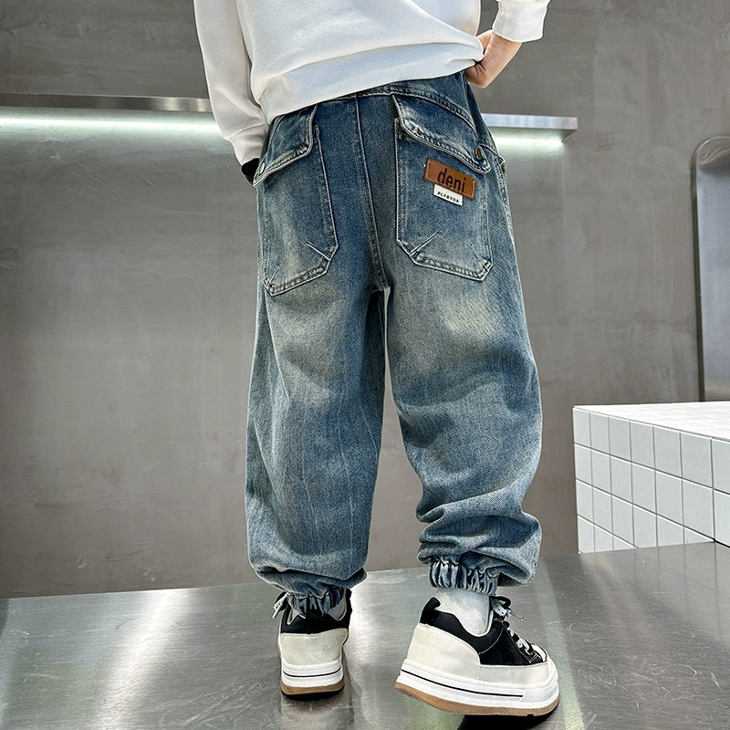 Unisex lässige Denim-Hose mit elastischem Bund Drune
