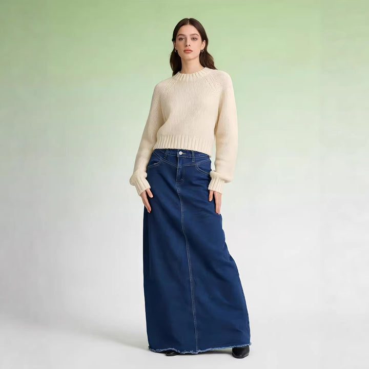 Damen nan langer High-Waist Denim-Maxirock mit gerader Silhouette und rohem Saum Drune