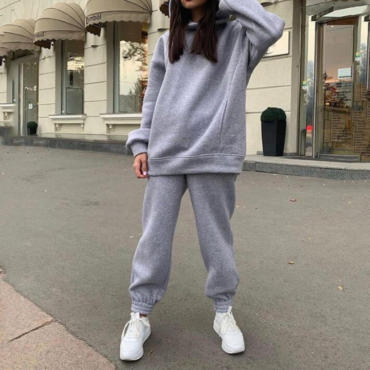 Damen Oversize-Kapuzen-Sweatshirt und Jogginghose Set mit Fleece-Innenseite und elastischen Bündchen Drune