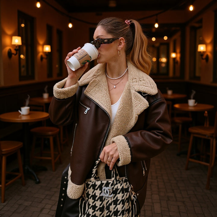 Damen Gefütterte Fliegerjacke im Aviator‑Stil mit Teddyfutter und Reißverschluss Drune